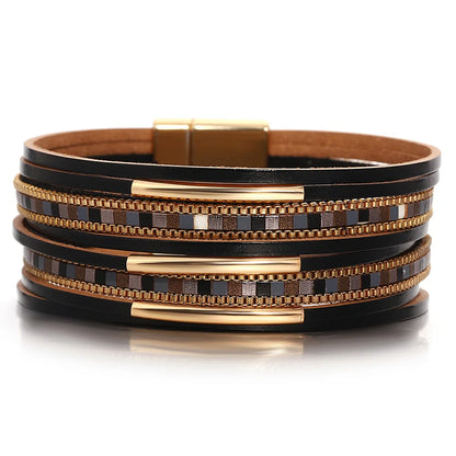ALLYES Trendy Colorful Square Leather Bracelet for Women Men Boho Metal Tube Multilayer Wrap Wide Bracelets Charm Party Jewelry