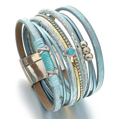 ALLYES Fashion Beads Cross Leather Bracelet for Women Men Chunky Rhinestone Chain Multilayer Wrap Wide Bracelets Party Jewelry
