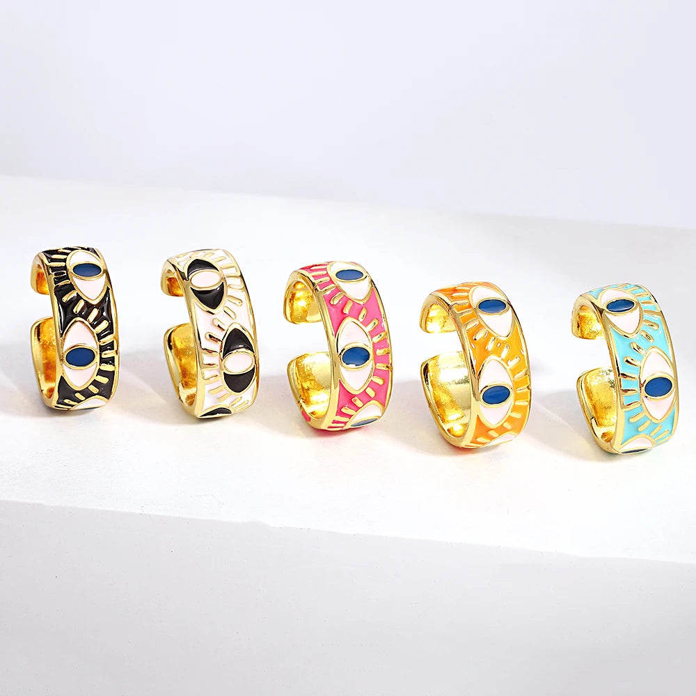 ALLYES Chunky Colorful Enamel Evil Eye Opening Rings for Women Personality Ethnic Matte Gold Color Finger Rings Charm Jewelry